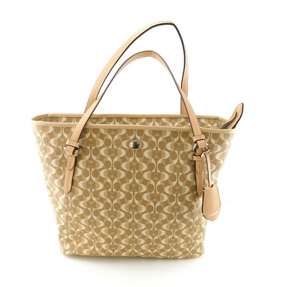 COACH Light Beige Signature C Logo PVC Tote Bag - Picture 1 of 12